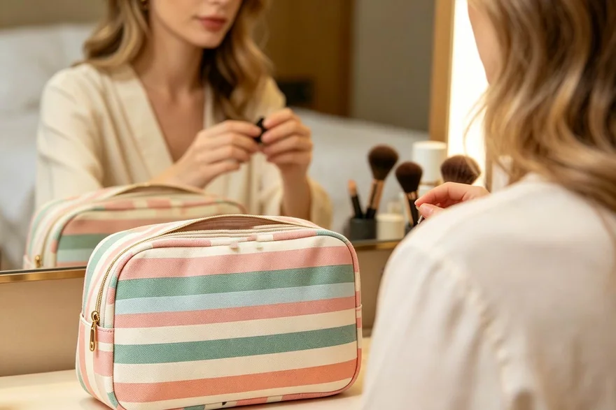 Material and construction detail for Cosmetic Pouches guide — Custom logo cosmetic bag sample